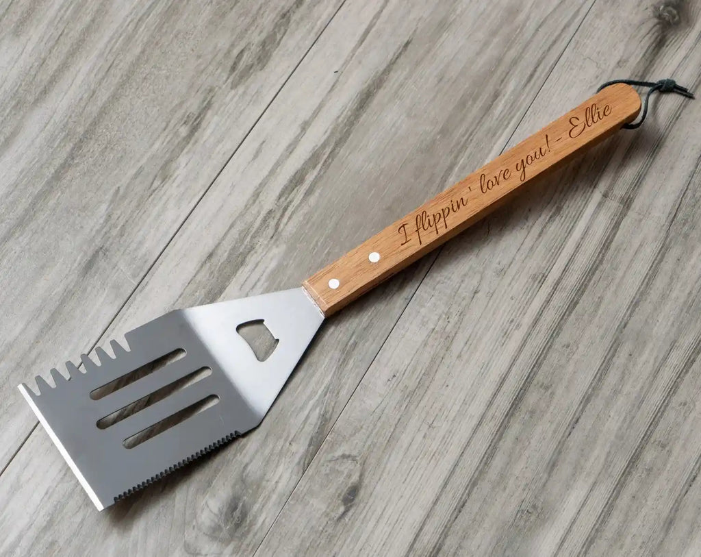 Level up your grill game with a personalized stainless steel spatula engraved with your name, the go-to tool for every BBQ enthusiast. Order now.